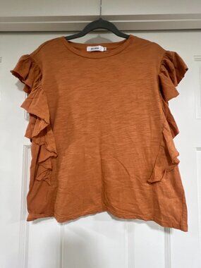 Belinda Rust Terracotta Ruffle Sleeve Slub Tee | Crewneck Top | Size M